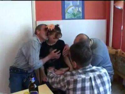 Three old guys fuck Russian teen in the kitchen - sunporno.com - Russia