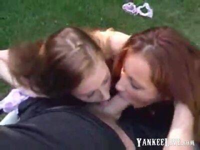 gorgeous twins sharing cock and cum outdoor - pornoxo.com