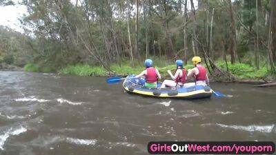 Three young amateur teens rawing naked; nude sports outdoors - sunporno.com